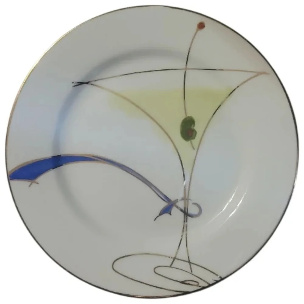 1 Vtg Pier 1 Appetizer Salad Dessert Plate Olive Martini Glass Blue Gold Accents